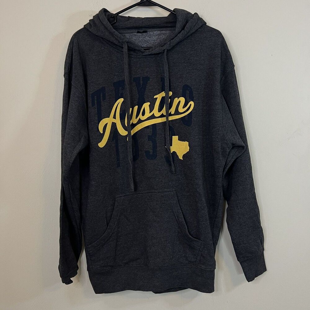 Austin Texas Graphic Hoodie Large Charcoal Gray Kangaroo Pocket Sweatshirt